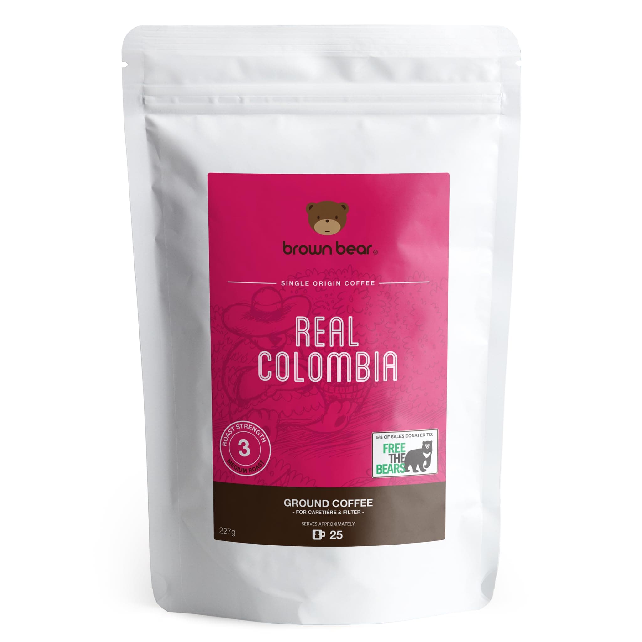 Colombian Ground Coffee 227g - Medium Roast - For French Press Cafetiere Filter Drip V60 Aeropress - Brown Bear Colombia Arabica Coffee - Donation to Free The Bears - Columbia