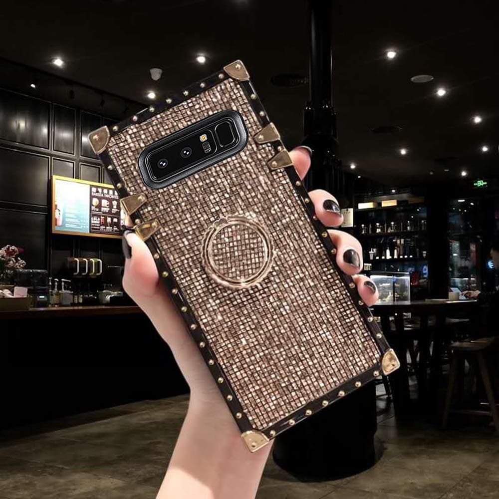 Compatible for Samsung Note 8 Case, Elegant Premium Bling Square Protective Shockproof Absorption Full Body Back Case with Crystal Strap (Gold)
