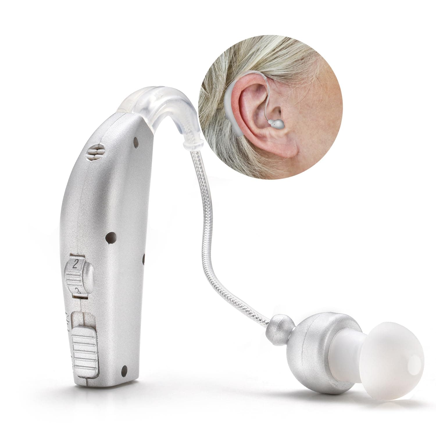 MSA 30X Behind the Ear Sound Amplifier, Amplifies Sound by 30 Times, Lightweight, Virtually Invisible, Comfortable, Adjustable Volume, Fast Charging, Silver, 1ct