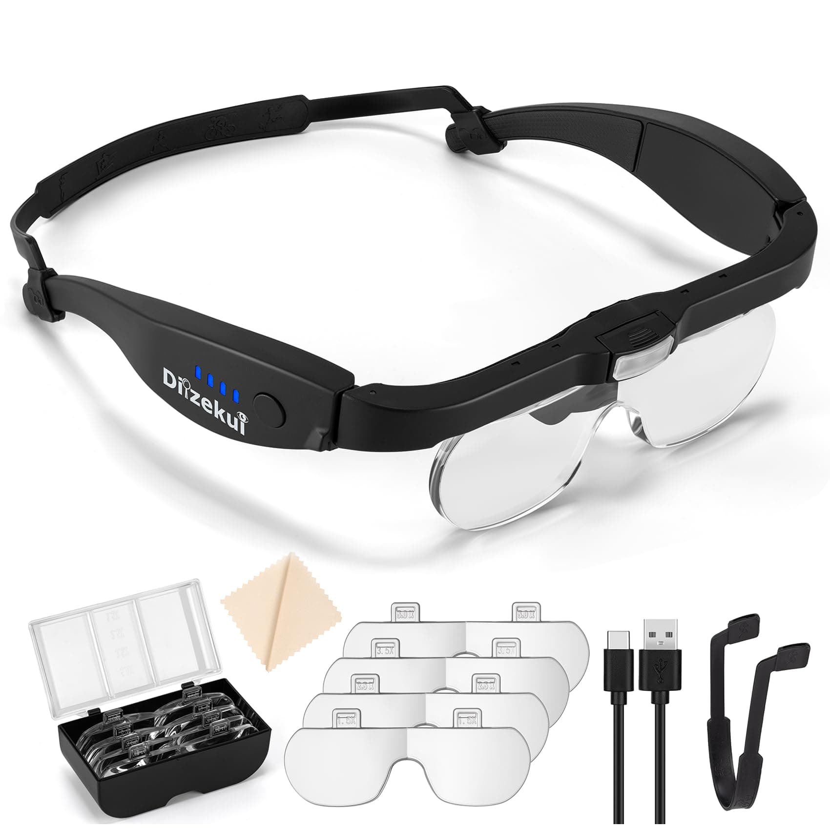 Magnifying Glass with Light 1.5X to 5.0X, Rechargeable Magnifying Glasses Head Magnifier, Lighted Magnify Glass with 4 Detachable Lenses, Magnifier Headset for Close Work Hobbies Jewelry