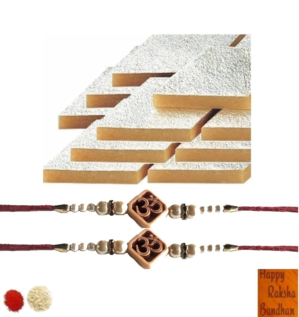 Indian Rakhi - Beautiful OM Rakhi (2) with Kaju Katli (1 pack) - Free Roli Tikka and Rakhi Card