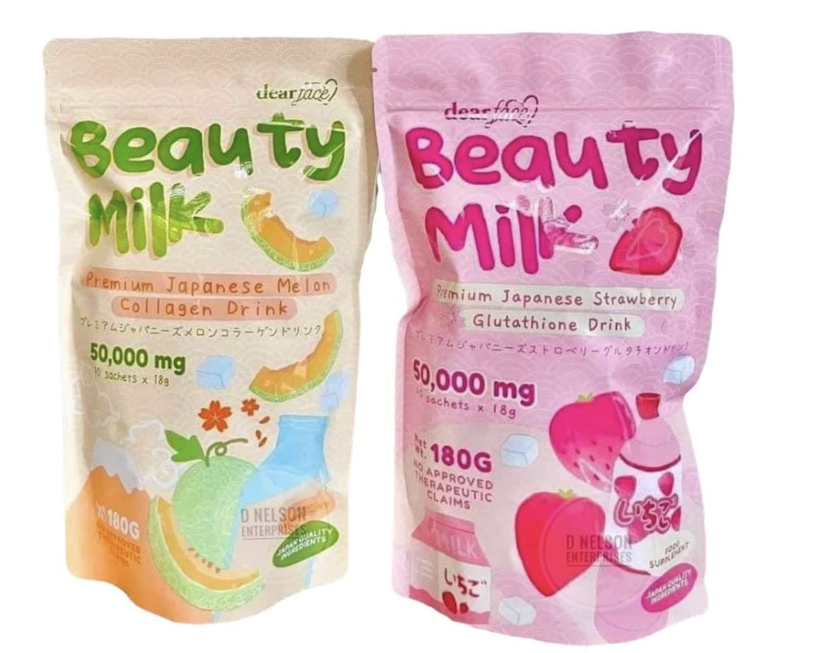 Dear Face 2 Packs Beauty Milk Japanese Collagen Strawberry & Melon Drink - 50,000mg Hydrolyzed Collagen