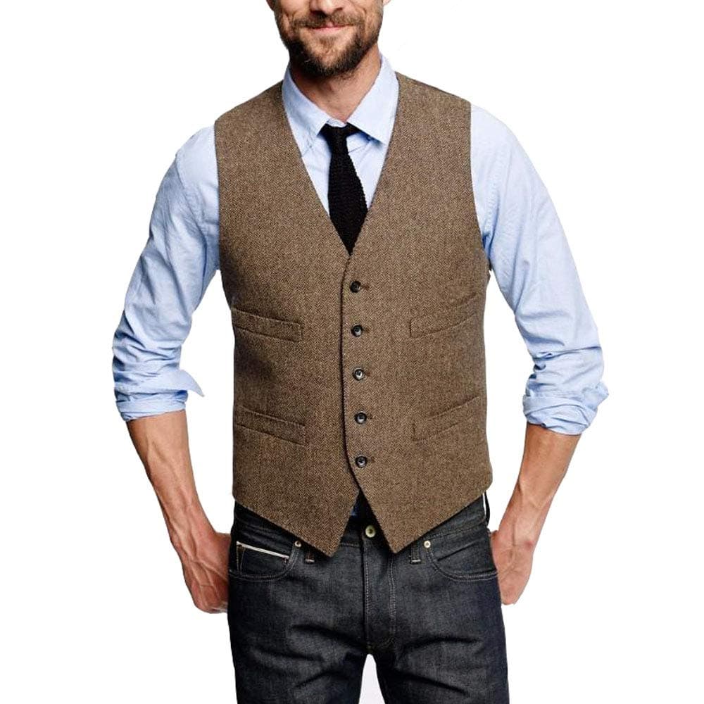 Airtailors Men's Tweed Vest 4 Pockets Slim Fit Formal Donegal Wedding Suit Vest for Men