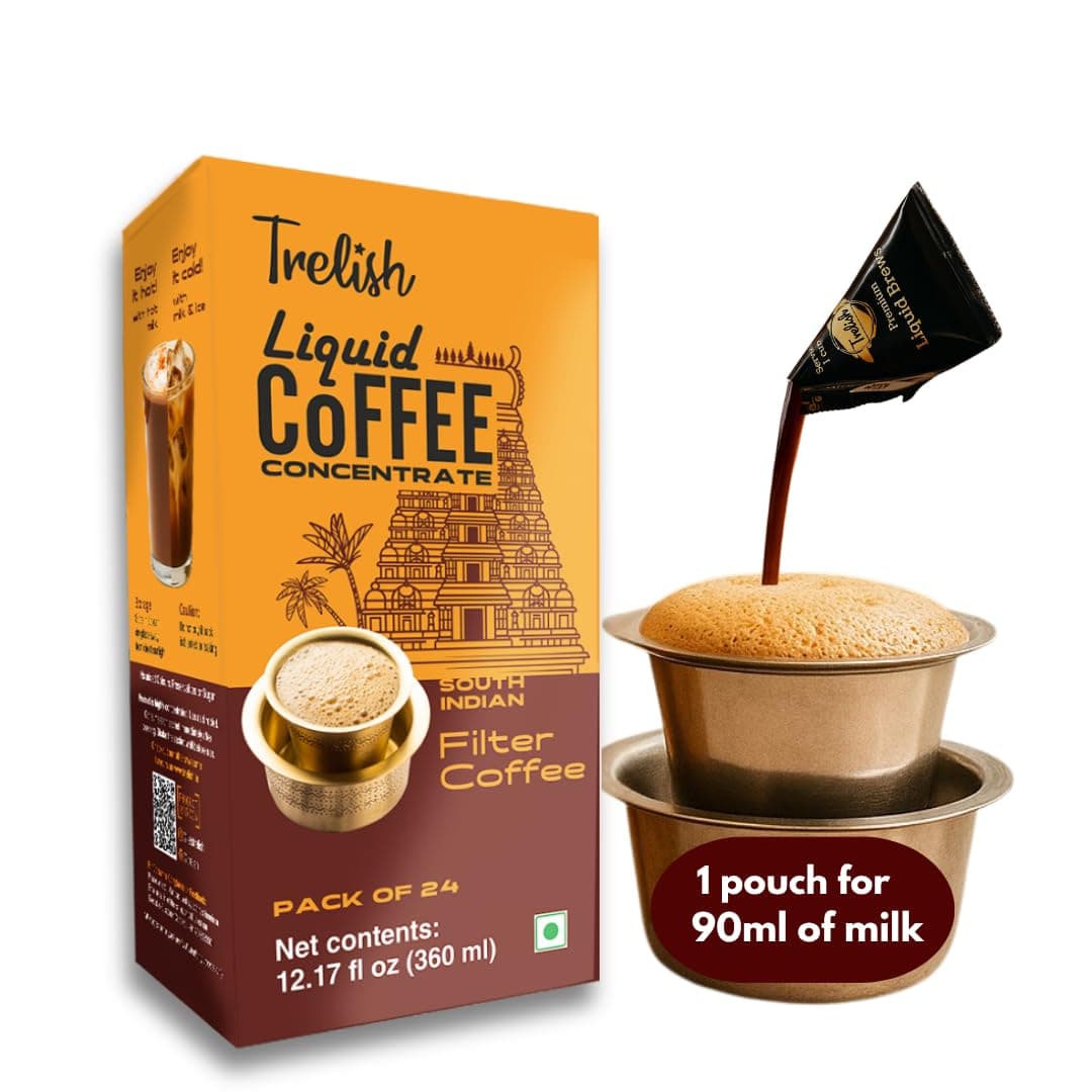 Trelish Coffee Concentrate - South Indian Filter| Single Servings | Perfect for authentic South Indian filter coffee,coffee decoction,Sugar Free, No Refrigeration, Travel Friendly | 24 servings -360ml
