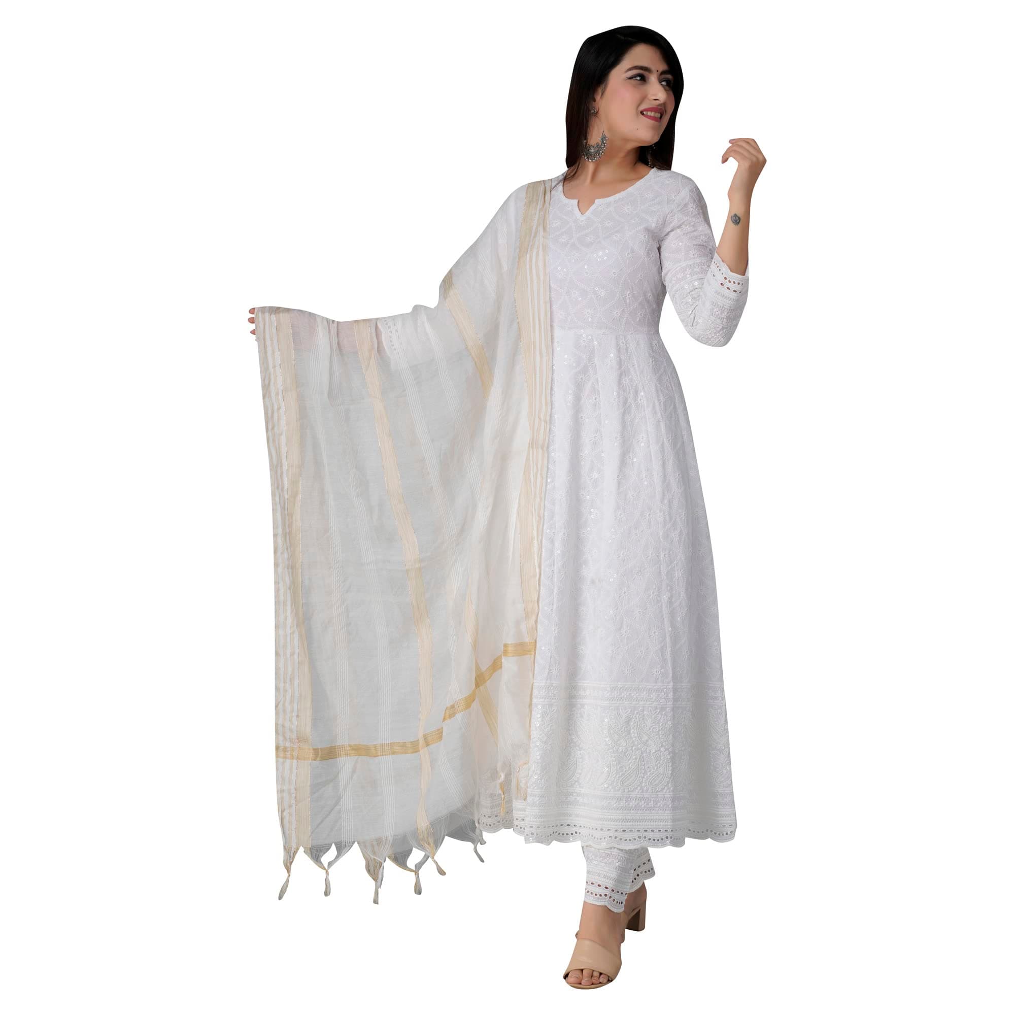 Chikankari Cotton Anarkali Indian Kurti for Women Summer Dress Kurta Pant with Dupatta Set Pakistani Kurta