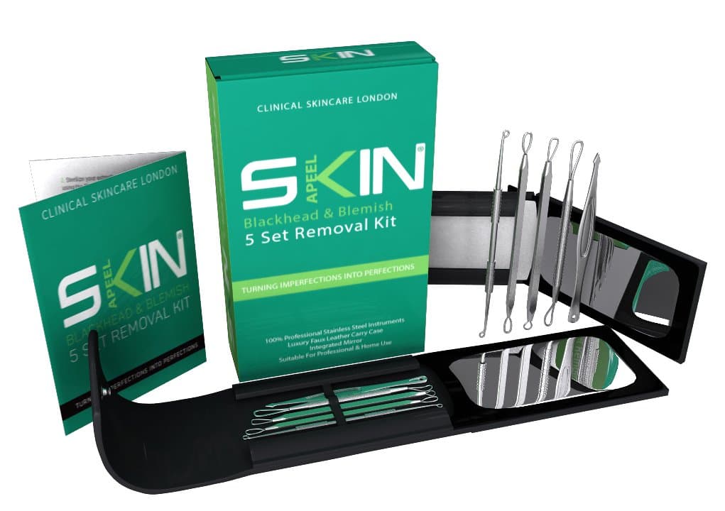 Premium Blackhead & Blemish Remover Kit - Acne Treatment 5 Dermatologist Stainless Steel Grade Tools - Blackheads, Acne & Facial Impurities - Travel Case & Integrated Mirror