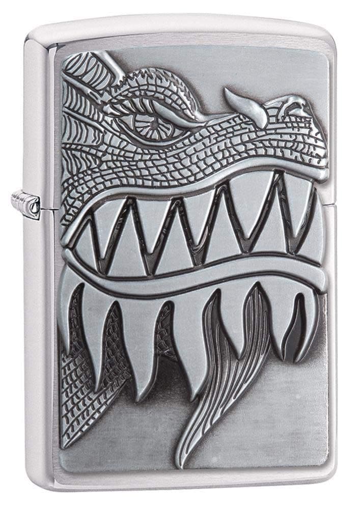 Fire Breathing Dragon Emblem Brushed Chrome Pocket Lighter