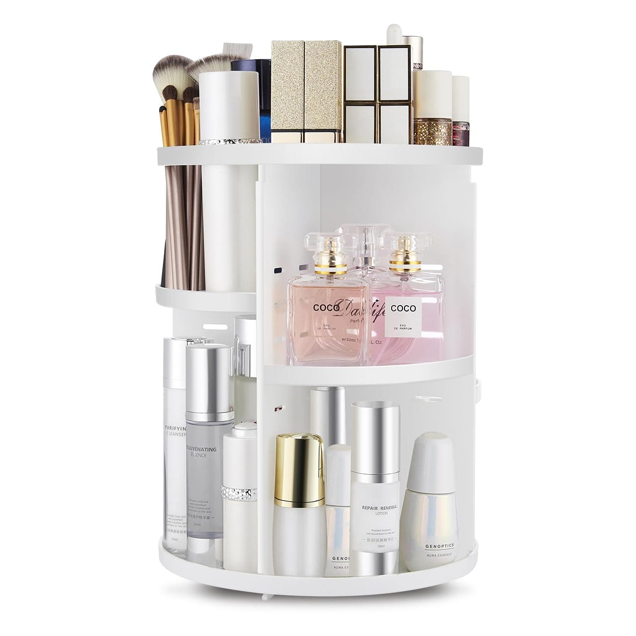 360 Rotating Makeup Organizer,DIY Adjustable Spinning Holder,Foldable Cosmetic Storage Display box,Large Capacity Make up Caddy Shelf,Fits Countertop Vanity and Bathroom (WHITE)