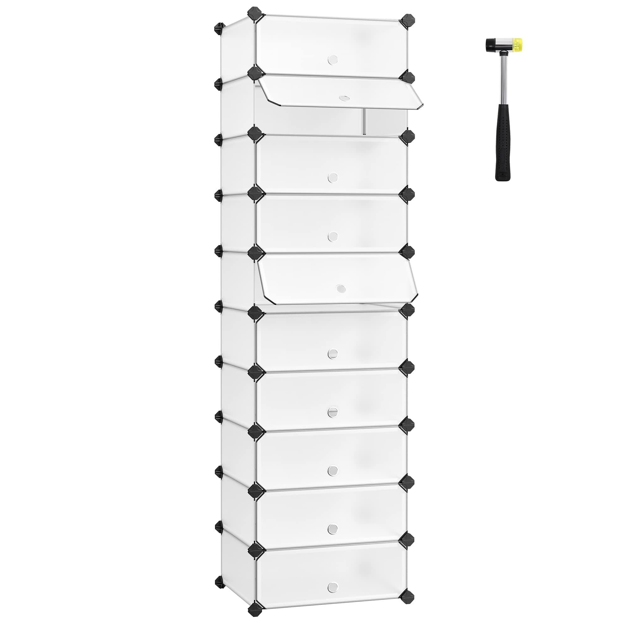 Songmics Interlocking Shoe Rack, Rectangular Organiser, 10 Modular Diy Storage Shelf Unit, 40 X 30 X 17 cm For Each Slot, Metal Wire Wardrobe, White Lpc10W, 43 X 31 X 173 cm