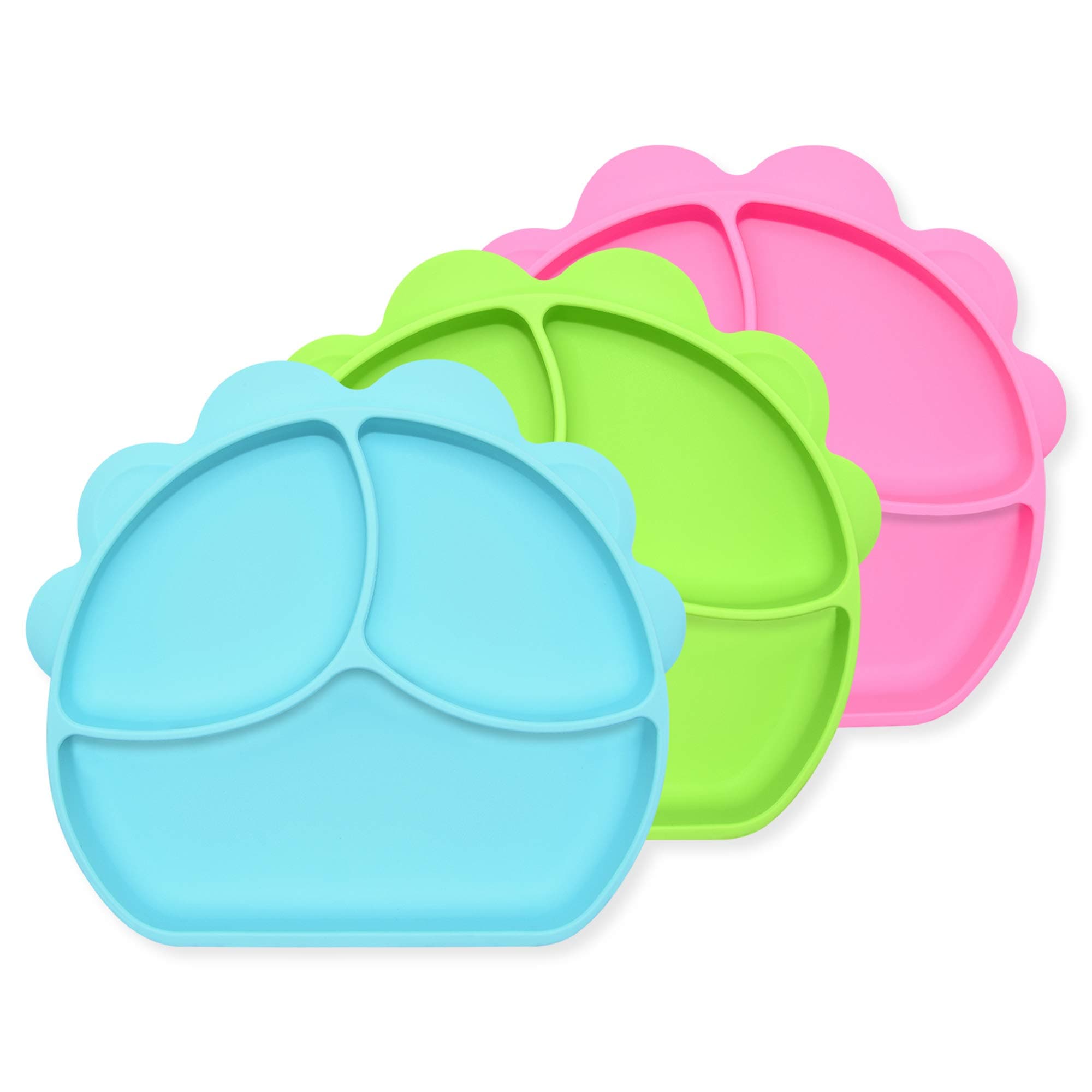 HelpcookDivided Plate Silicone Dinner Plate,Portable Non Slip Suction Plates Feeding Plate,Unique Ice Cream Maker,Set of 3 (Blue,Pink,Green)