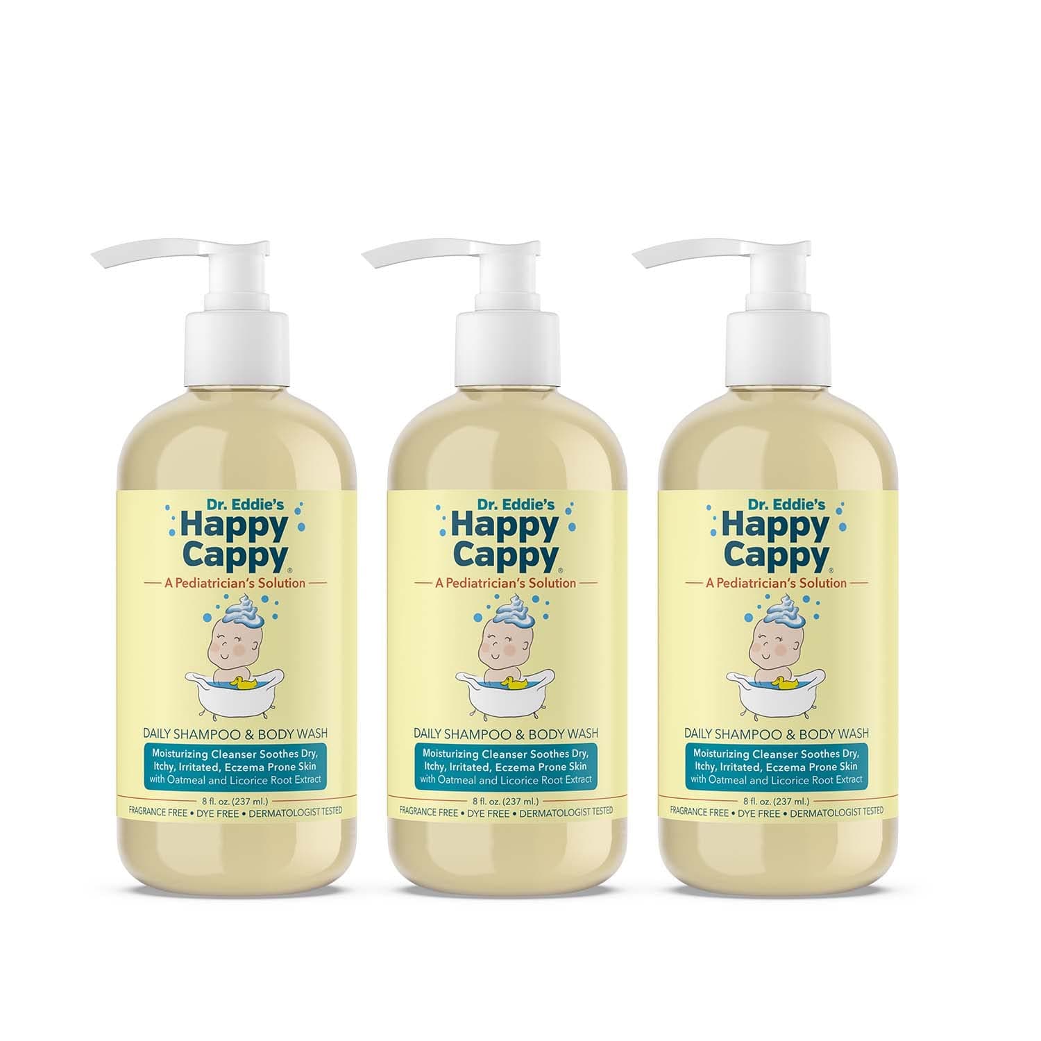Happy Cappy Baby Shampoo and Body Wash - Eczema Body Wash for Kids & Toddlers, Helps with Dryness, Reduces Itching and Redness, Dermatologist Tested, Fragrance Free - 8 Fl Oz (Pack of 3)