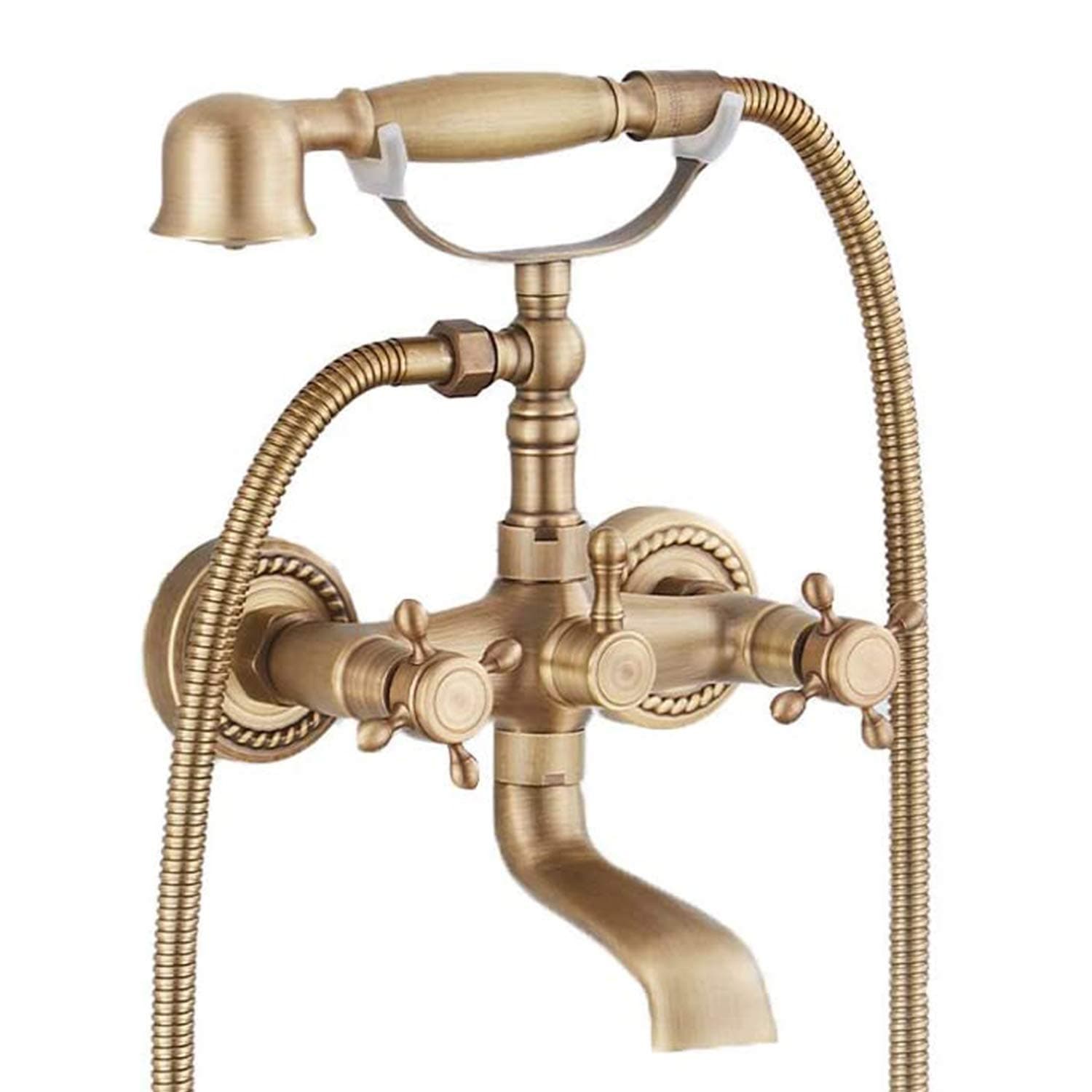 GGStudy Antique brass Clawfoot Bathtub Faucet Wall Mount Hand Held Shower Faucet Set Double cross Handle with 3-3/8 Inch Center with Adapter Adjustable Swing Arms