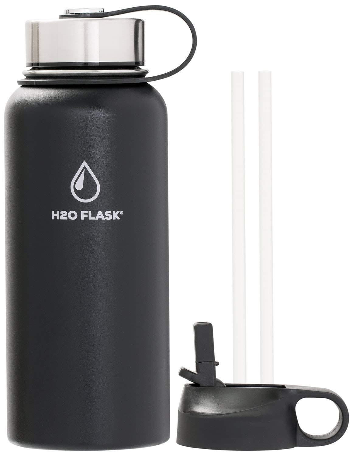 Insulated Water Bottle with Flip Top & Wide Mouth Lids, 2 BPA-Free Straws - 32-40oz, Stainless Steel, Double Wall, Vacuum Insulated for No Leaks - Keeps Liquid Hotter & Colder Longer - Black 32oz