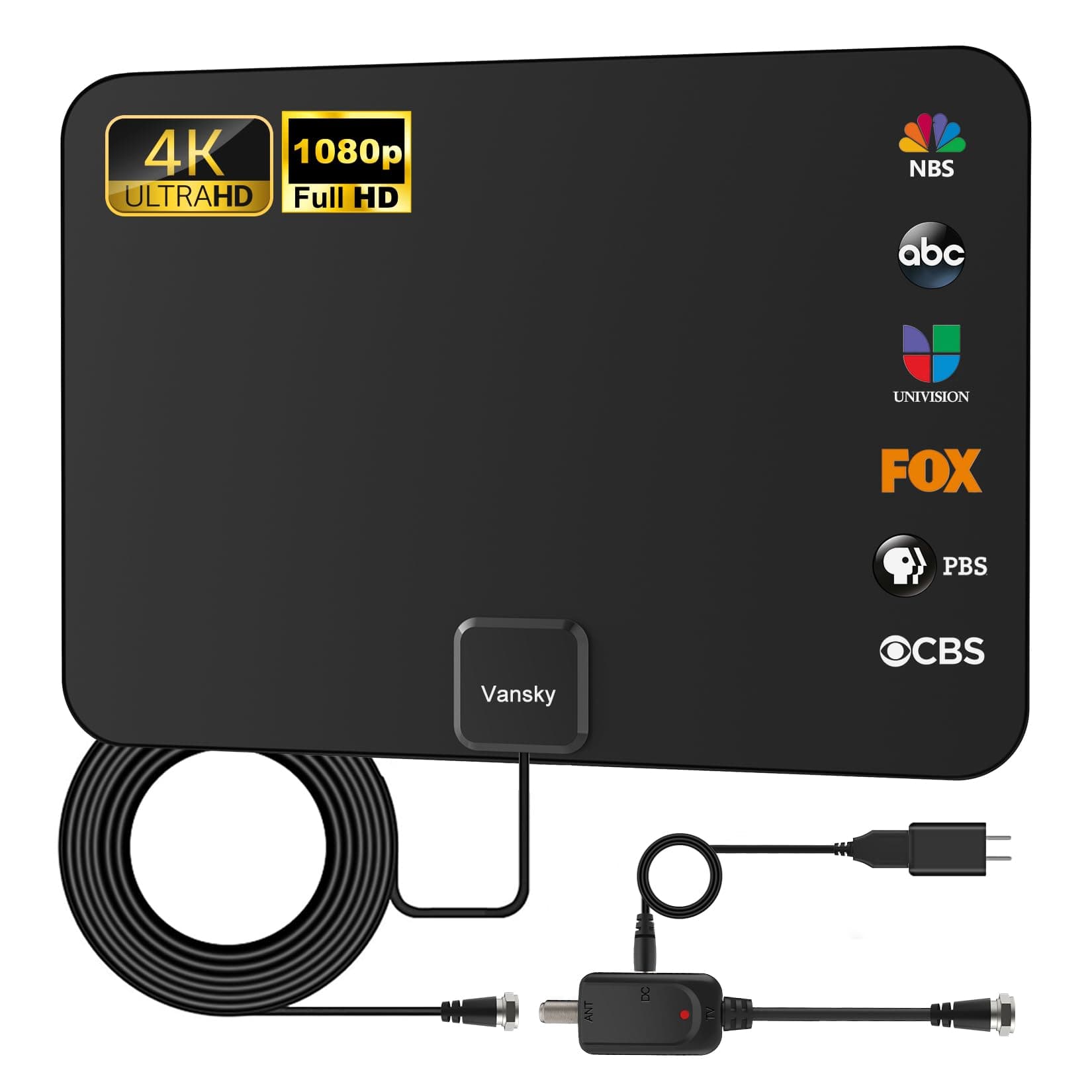 Vansky [2019 Upgraded] HDTV Antenna - Digital Amplified HD TV Antenna 60-80 Mile Range 4K HD VHF UHF Freeview Television Local Channels w/Detachable Signal Amplifier and 16.5ft Longer Coax Cable