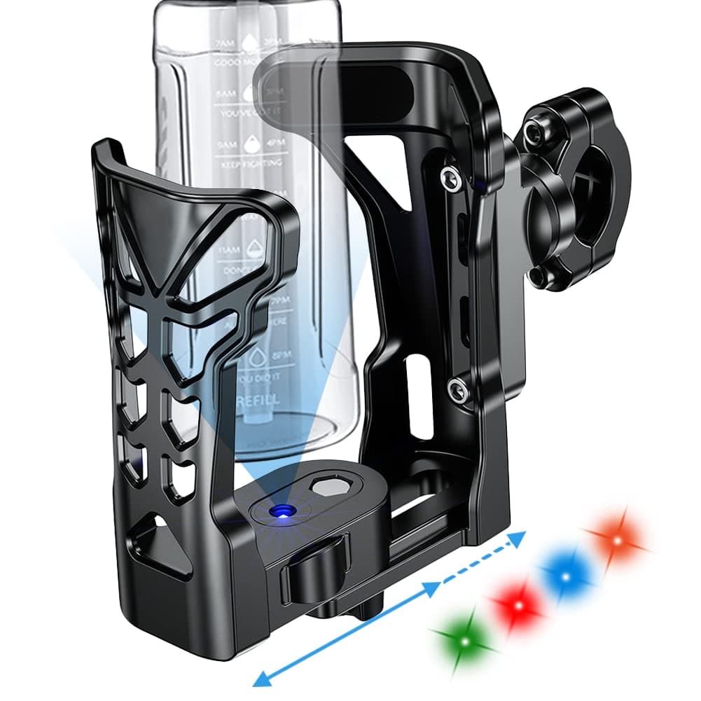 Sun3druckerBike Water Bottle Holder for Large - φ1.9-φ3.5 Adjustable 360°, Multi-Color LED Light for Night, Universal Drink Cage Cup Brackets for MTB Bicycle Scooter Handlebar / Seat, Matte Black