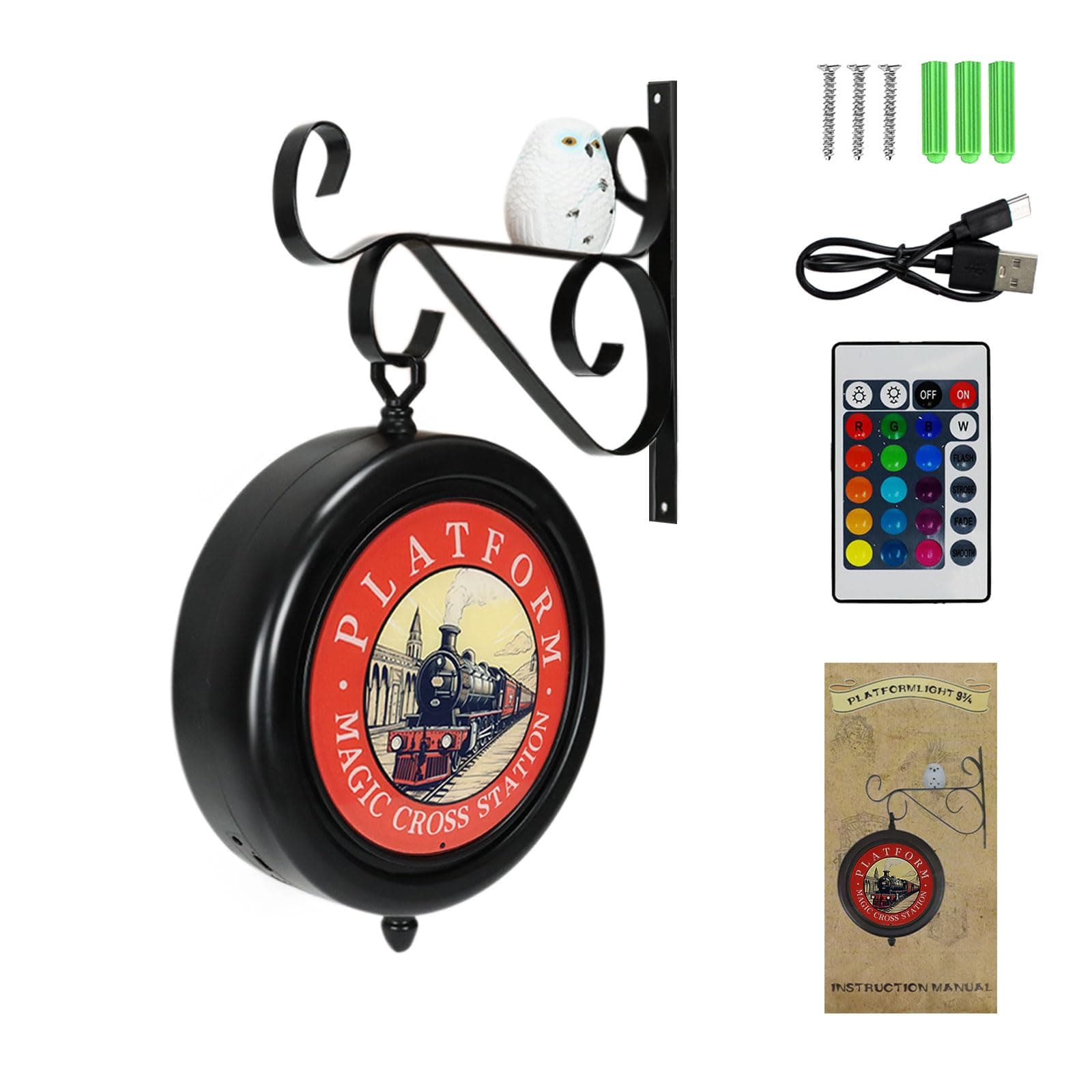Platform Train Night Light with Owl Light and RGB Remote Control,Rotatable Wall Decor Lights for Bedroom Decor,Christmas Gift for Movie Fan