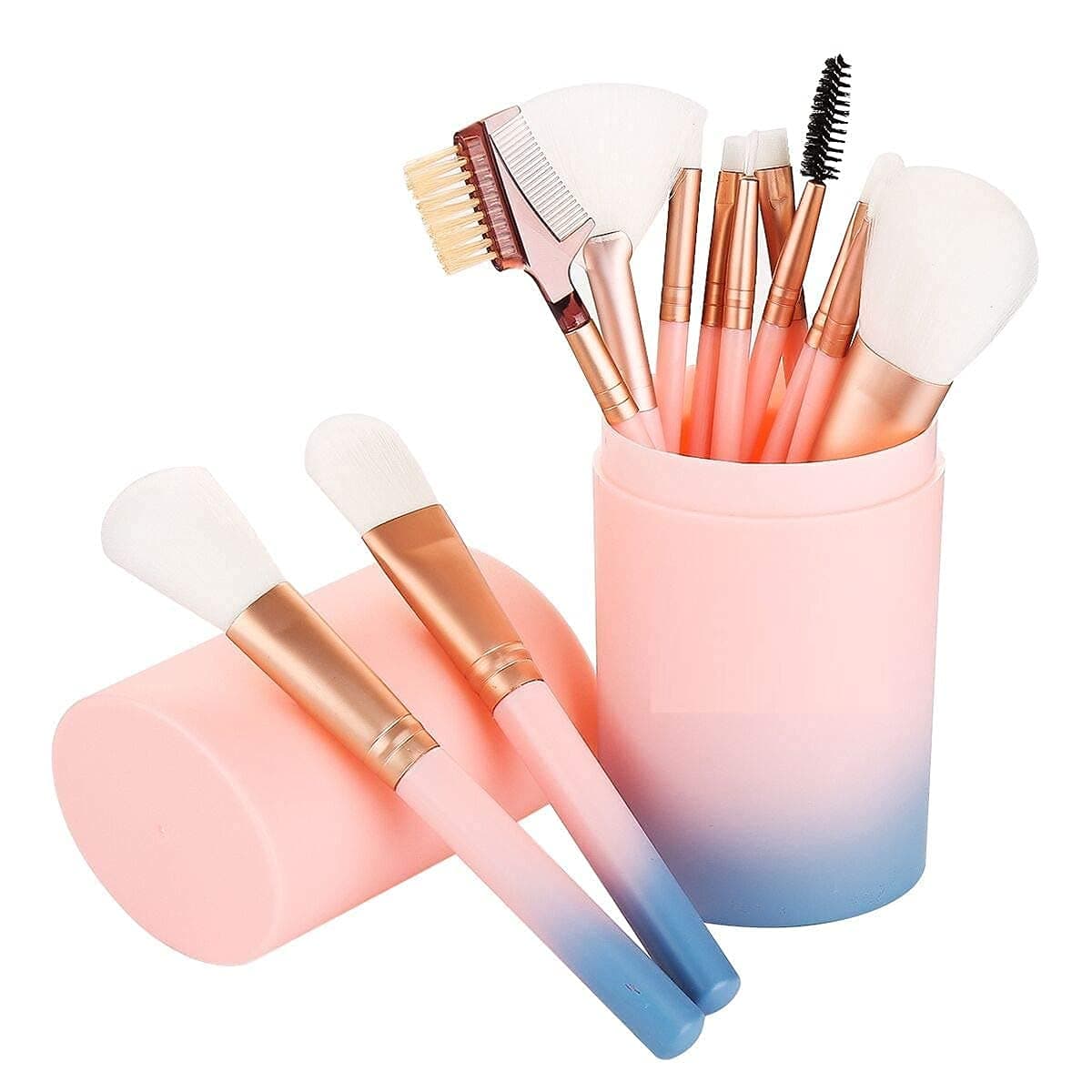 MACPLUS Makeup Brush Set With Storage Barrel - Pack of 12 (Light Pink)