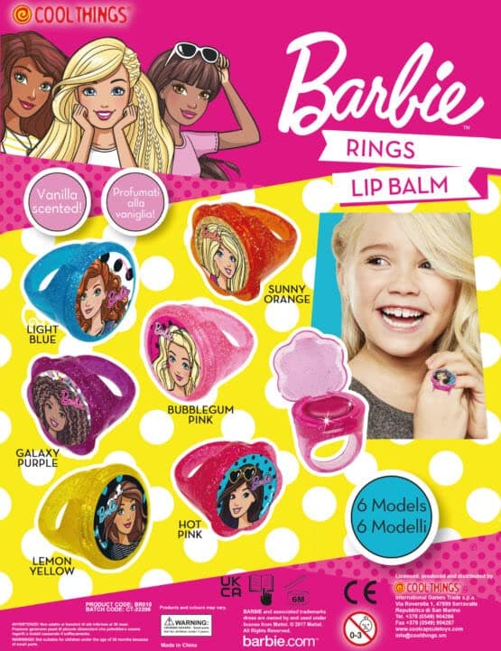 Pack of 10 x Barbie Lipbalm rings, Ideal Party Bag Filler, Filling, stocking fillers, Pinata Prize, Supplied In Blind Surprise Balls.