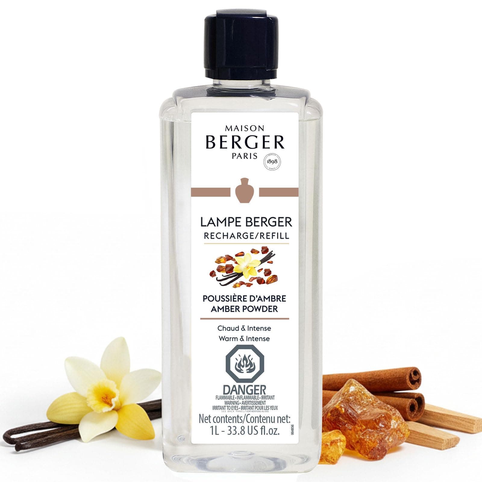 Maison Berger Amber Powder Lampe Berger Refill, 1 Liter (33.8 fl oz), 2-in-1 Catalytic System, Neutralizes Odors and Diffuses Fragrance, Rose, Cinnamon, Pepper, Amber, Made in France