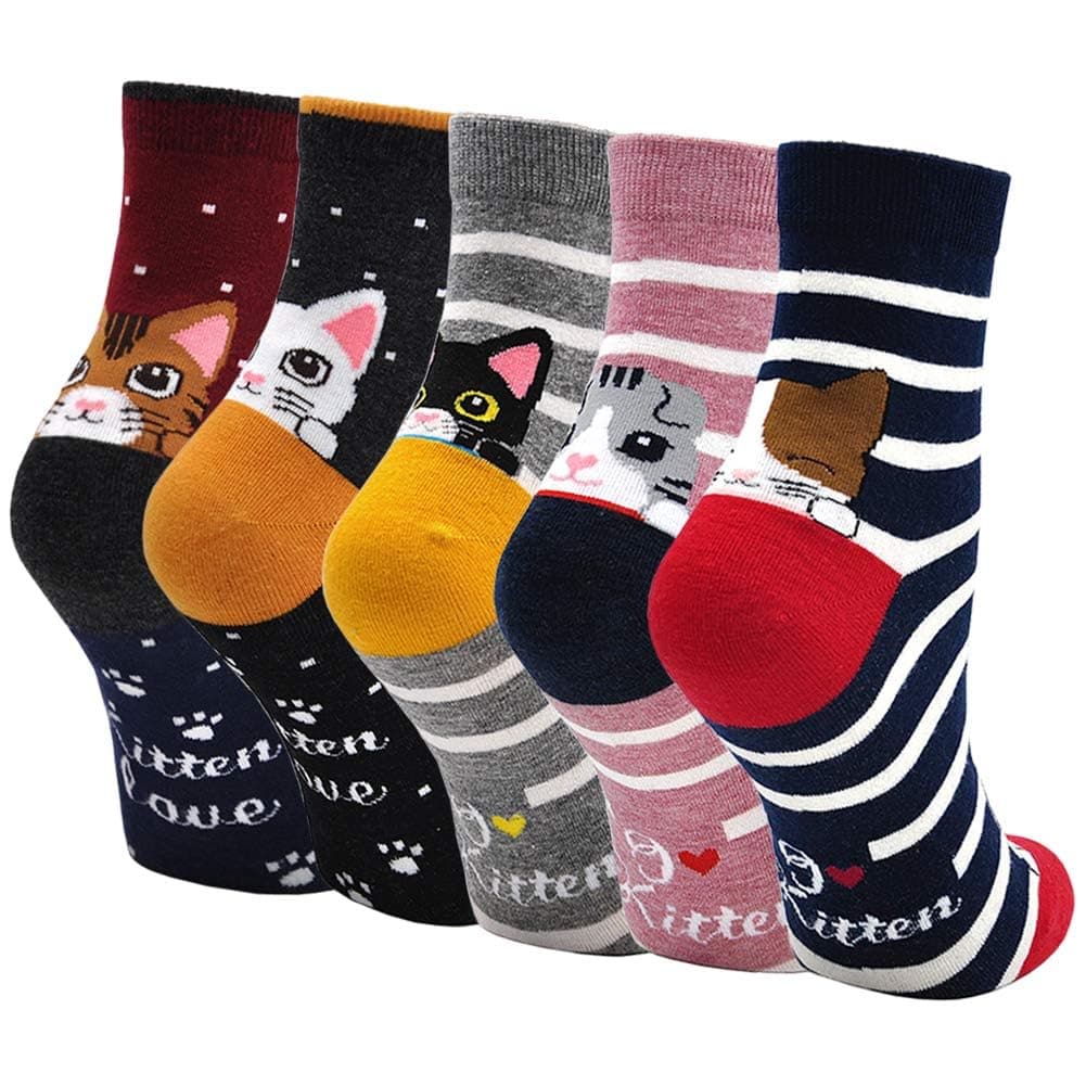 Womens Cotton Animal Socks Novelty Cartoon Dog Cat Socks Ladies Cute Fast Food Pizza Pattern Mini Crew Socks Funny Socks for Girls Ladies 5 Pairs