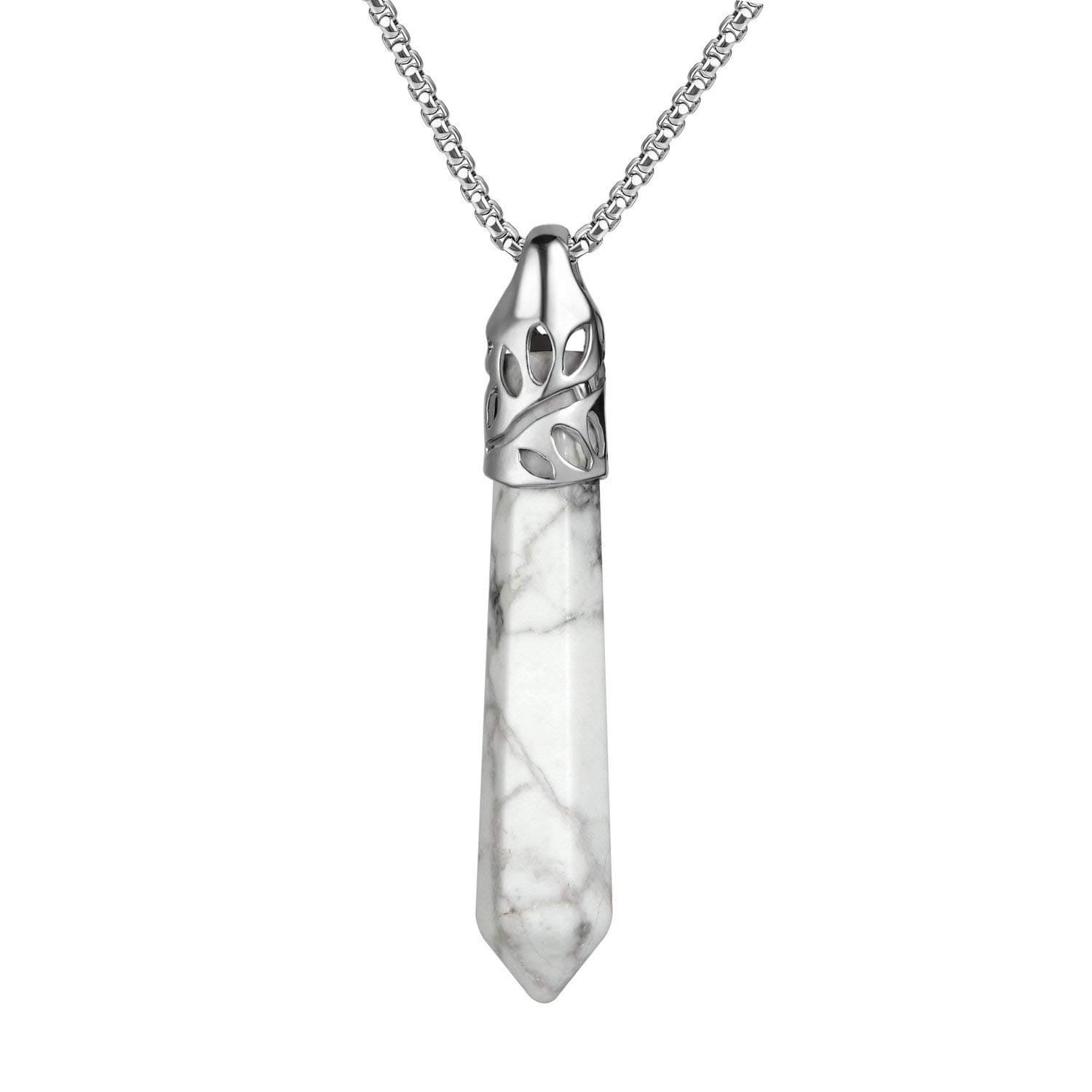 Healing Crystal Necklace for Women Men White Howlite Pendant Energy Healing Gemstones Jewelry Pendulum Crystal Divination (Hexagonal, 18 Inches Stainless Steel Chain)
