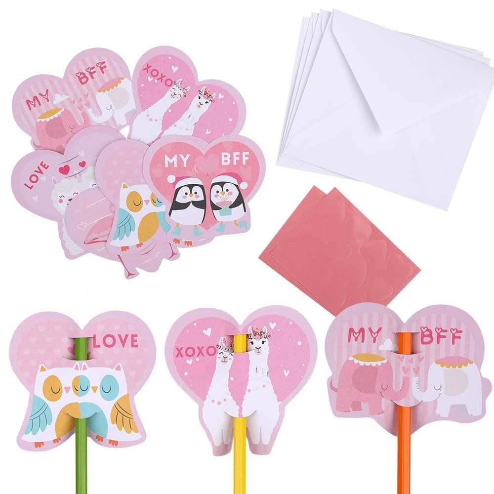 Valentine's Day Cards Pencil Toppers for Kids - School Classmate Card Exchange Gifts Party Favor Supplies 48Ct