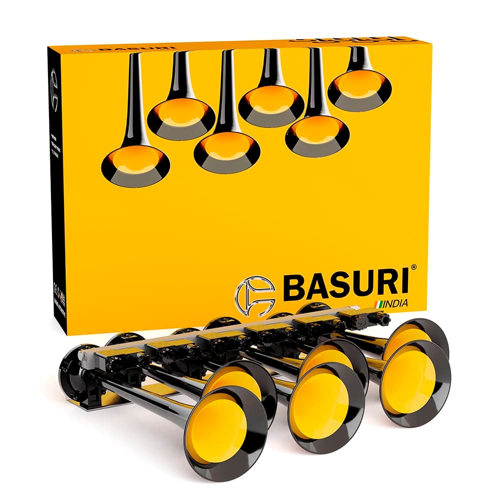 BASURI® Musical Air Horn | 12/24 Volt | 130 DB | Version (Baby Shark 1.0) 31Super Loud Melodies (Sounds) 6 Pipe (Trumpets) With Turbo Controller For Bus, Truck and Heavy Duty Vehicles