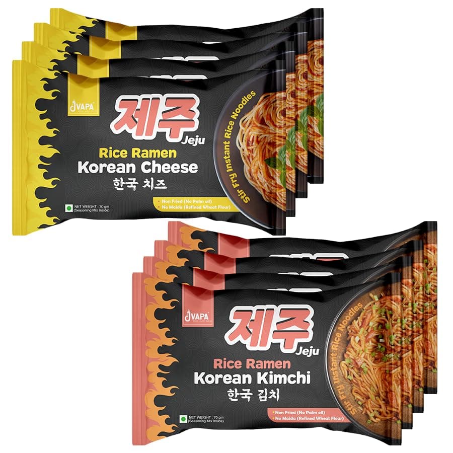 Jeju Instant Rice Ramen Noodles - Korean Kimchi & Korean Cheese | Stir Fry Instant Rice Noodles (70gm x 8packets - 4 each flavour)