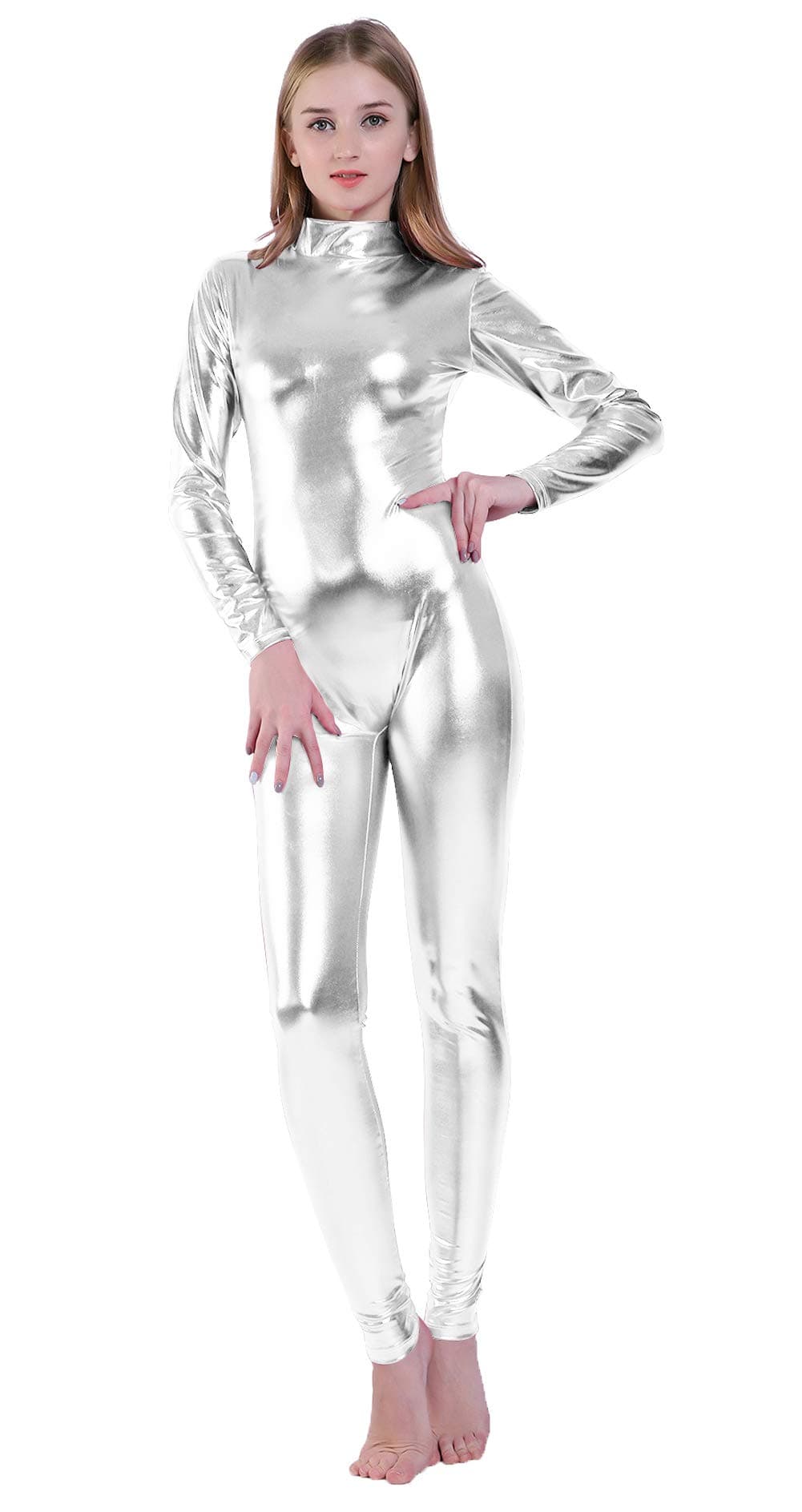 Shiny Metallic Unitard Turtleneck Long Sleeve Footless Zentai Suit Catsuit Dancewear
