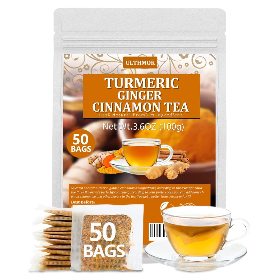 50 Premium Turmeric, Ginger, Cinnamon Blend Tea Bags, 100% Natural & No Additives & Caffeine Free.