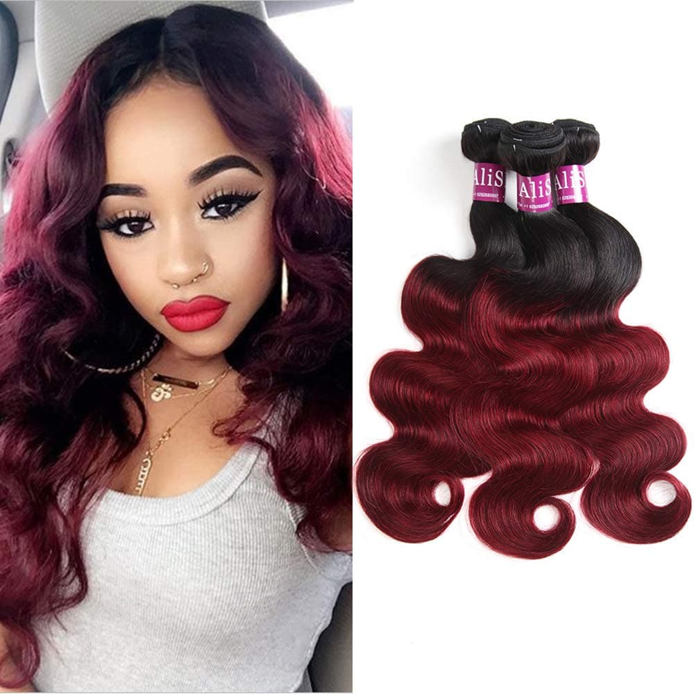 ALISFEEL Ombre Brazilian Hair Body Wave Bundles 3pcs, Ombre Brazilian Virgin Hair Human Hair Weave Two Tone Black to Burgundy (16"18"20")