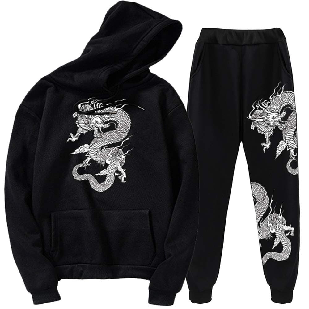 Chinese Dragon Hoodie Dragon Print Hooded Sweatshirt and Sweatpants Suit 2 Piece Outfit Set for Men