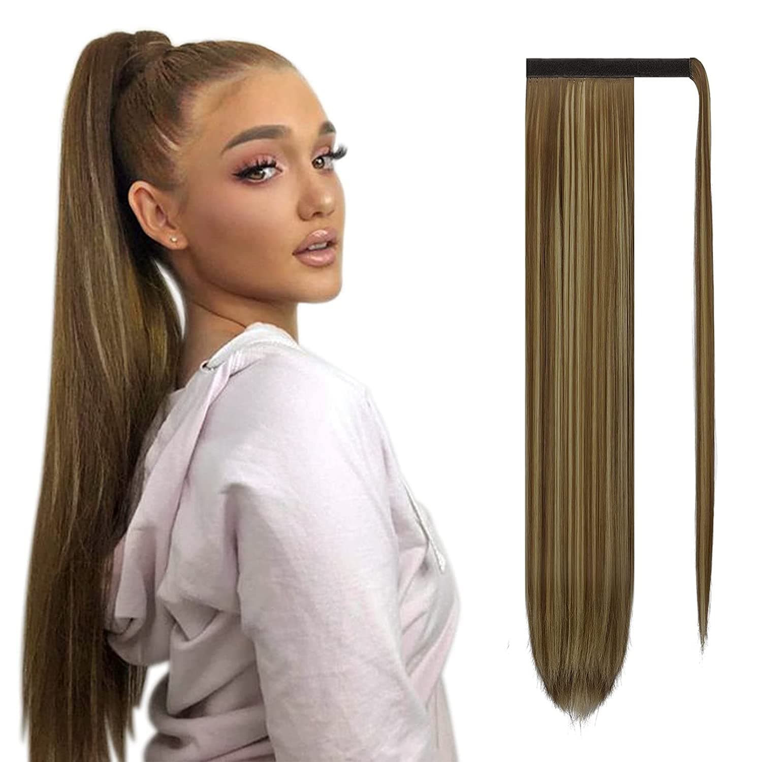 SOFEIYAN Long Straight Ponytail Extension 28 inch Wrap Around Ponytail Synthetic Hair Extensions Clip in Ponytail Hairpiece for Women, Blonde & Medium Brown