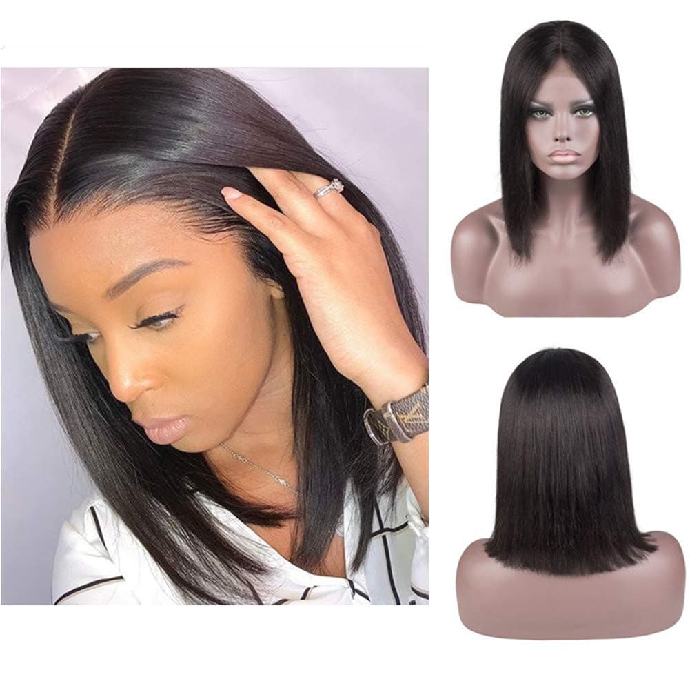 Loviness Short Bob Wig 1B Natural Black Human Hair Wigs 8’’ 10’’ 12’’ 14’’ Middle Part Lace Front Silky Straight Hair Wigs 180% Density 13X4 Frontal Pre Plucked(14 inches)