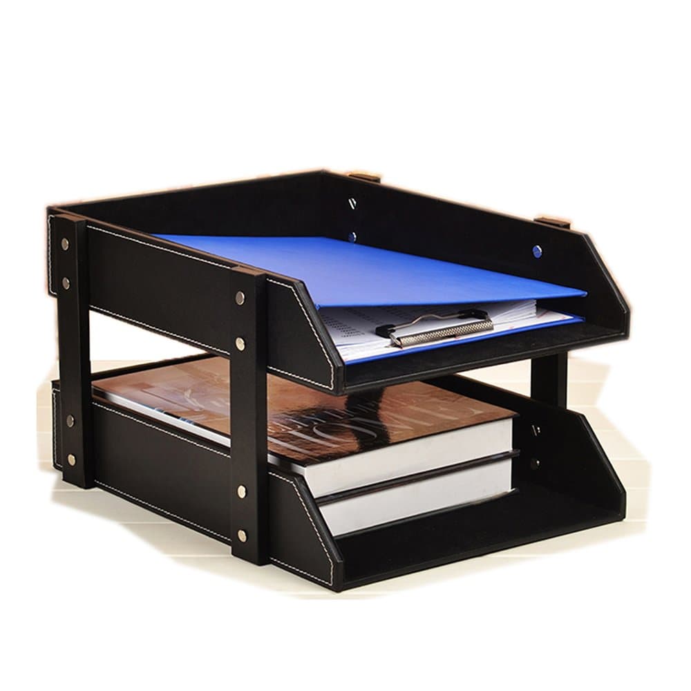 Office 2 Tiers Leather File Rack Document Filing Tray Case Wooden MDF Desktop file holder Storage Organizer (Black)