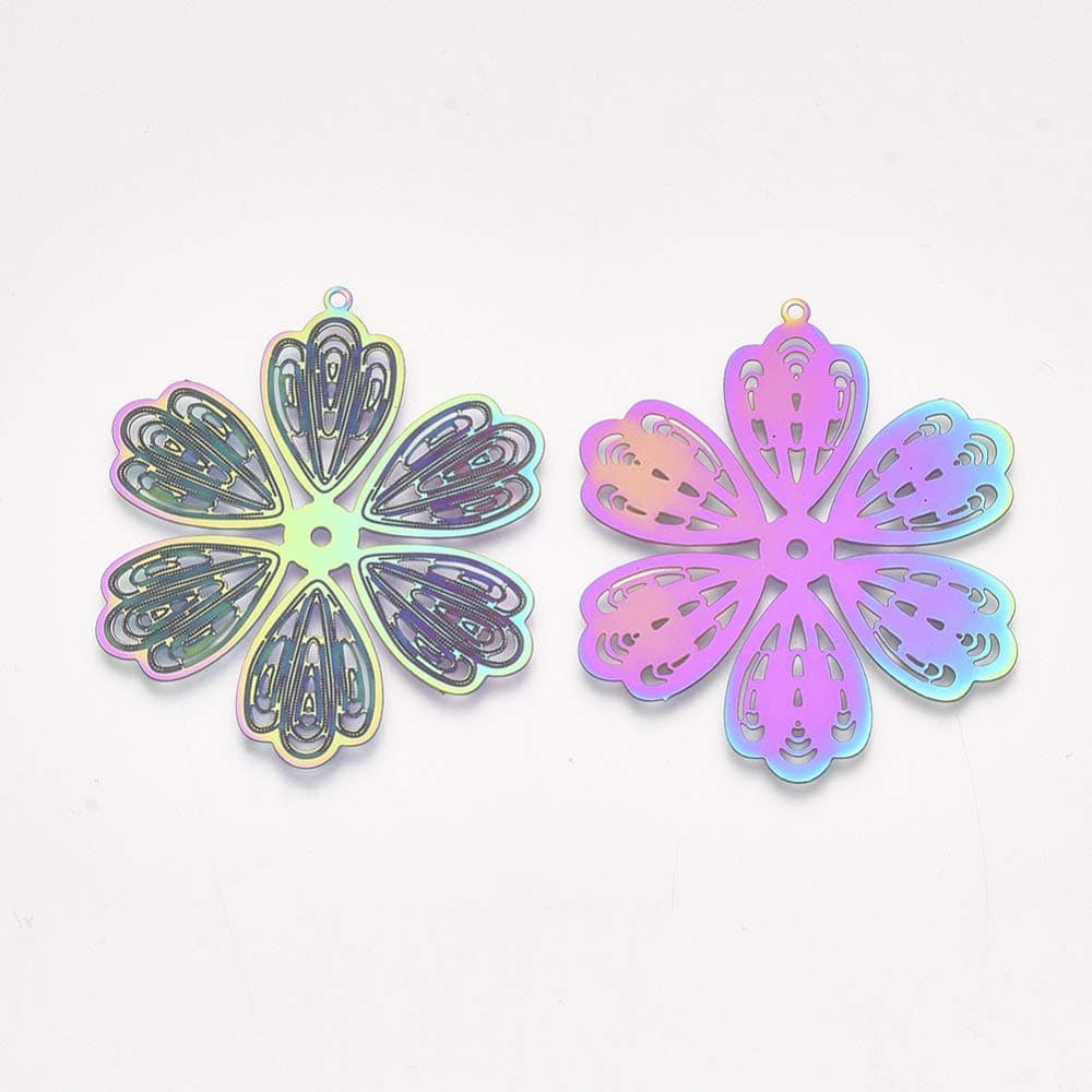 DanLingJewelry 5Pcs 201 Stainless Steel Etched Metal Embellishments Flower Charms Pendants for Jewelry Making 47x39.5mm
