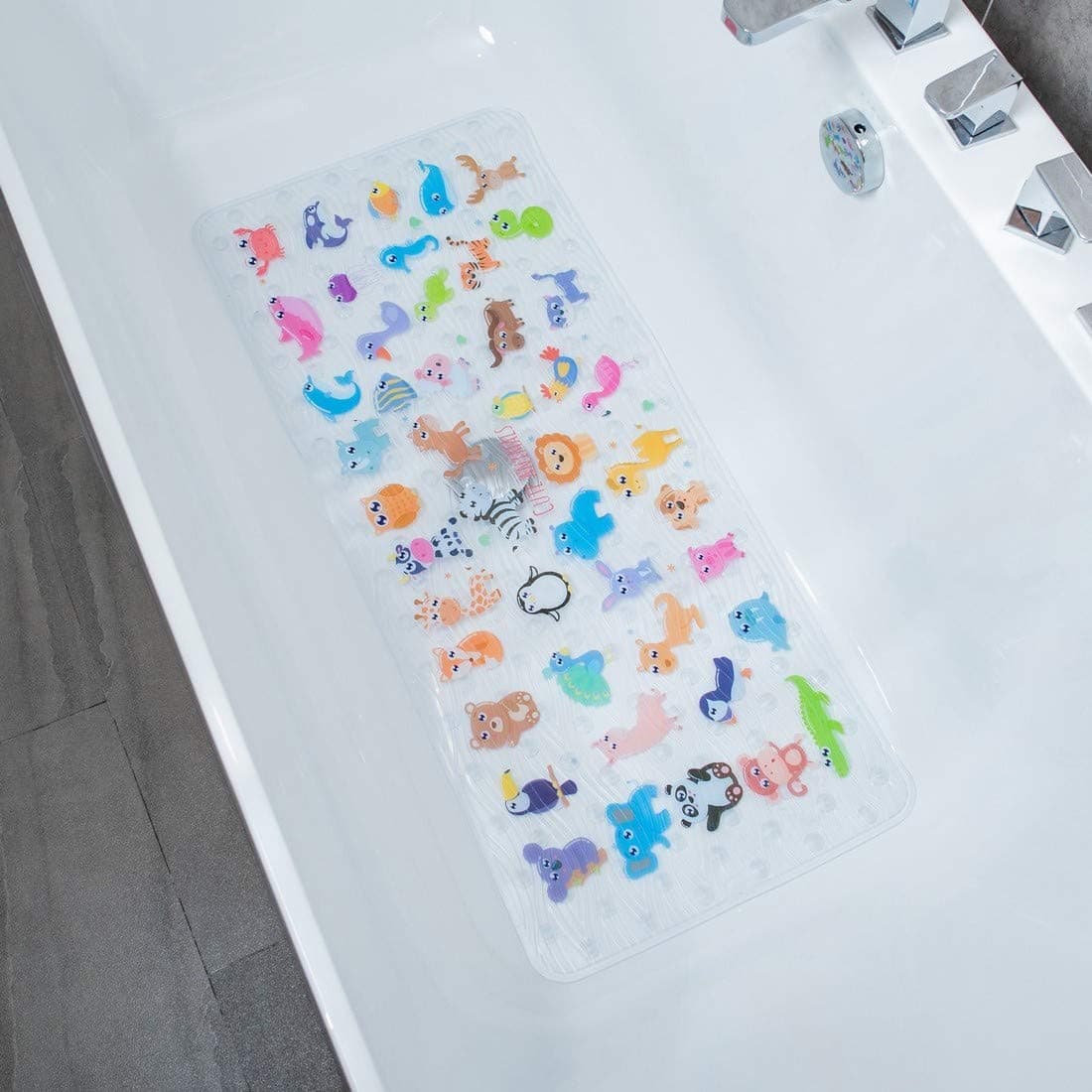 Cartoon Non Slip Bathtub Mat for Kids - 34x15 Inch XL Large Size Anti Slip Shower Mats for for Toddlers Children Baby Floor Tub Mats (Zoo)