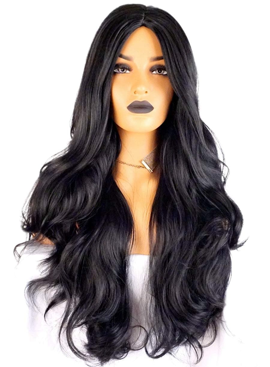 wigbuy Long black wig Costume wig for women 30 in wig Wavy Curly 29.5 inches Wigs Natural Black Heat Resistant Fiber Side Part Women Synthetic Hair Side Part Wigs for white Women (Black)