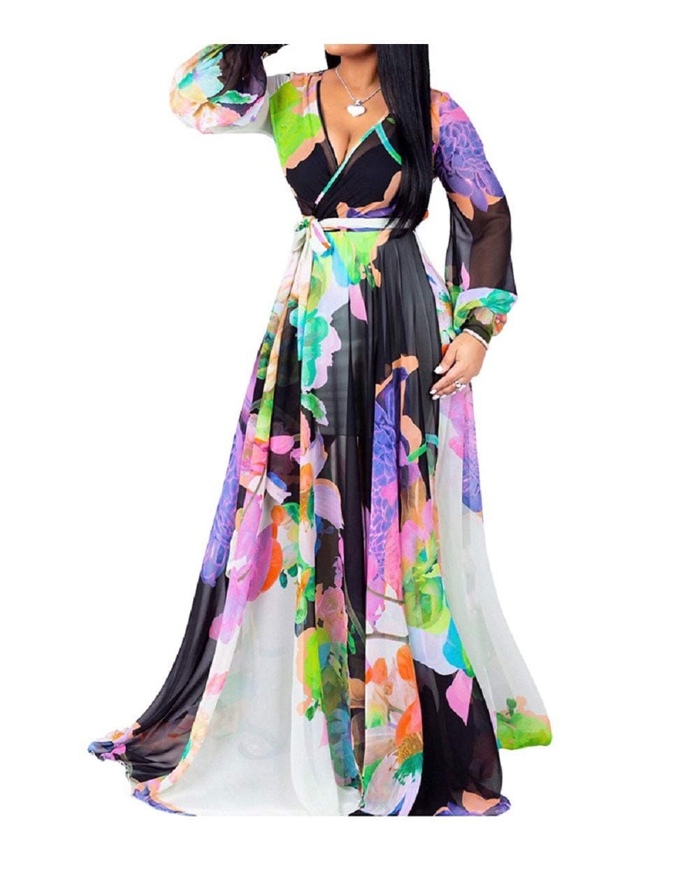 lvenzseWomens Maxi Dress Boho Chiffon Floral Printed V-Neck Long Dresses