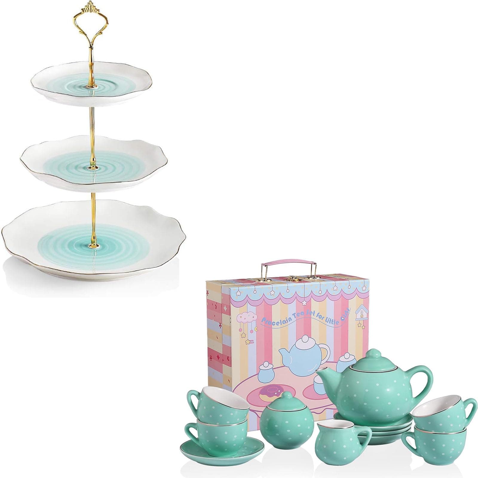 Sweejar3 Tier Ceramic Cake Stand,Dessert Stand,Cupcake Stand and porcelain Tea Set for Little Girls
