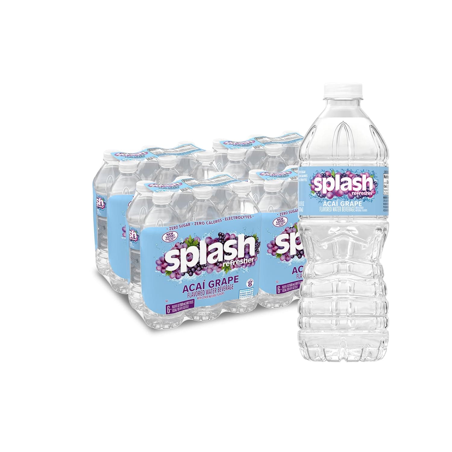 SPLASH REFRESHER Acai Grape Flavor Water Beverage, 16.9 Fl Oz Plastic Bottles (24 Count)