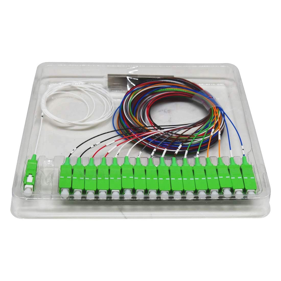 PLC Fiber Optic Splitter with 1x16 SC/APC Green Connector, Steel Tube with Input:250μm Fiber/Output:250μm Fiber,1260-1360nm/1460-1650nm
