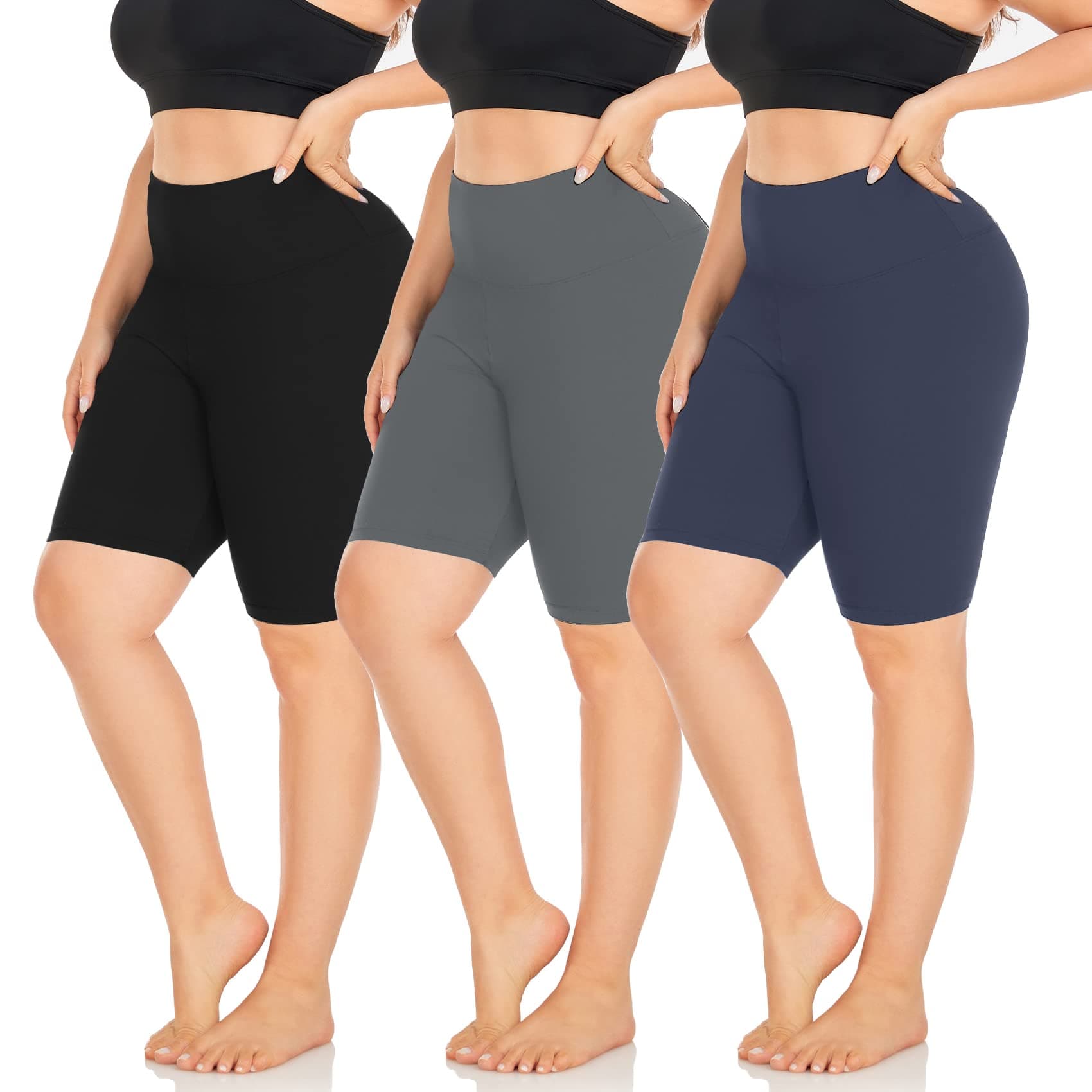 NEW YOUNG3 Pack Plus Size 8" Biker Shorts for Women-High Waist Tummy Control Black Workout Spandex Soft Yoga Shorts Summer