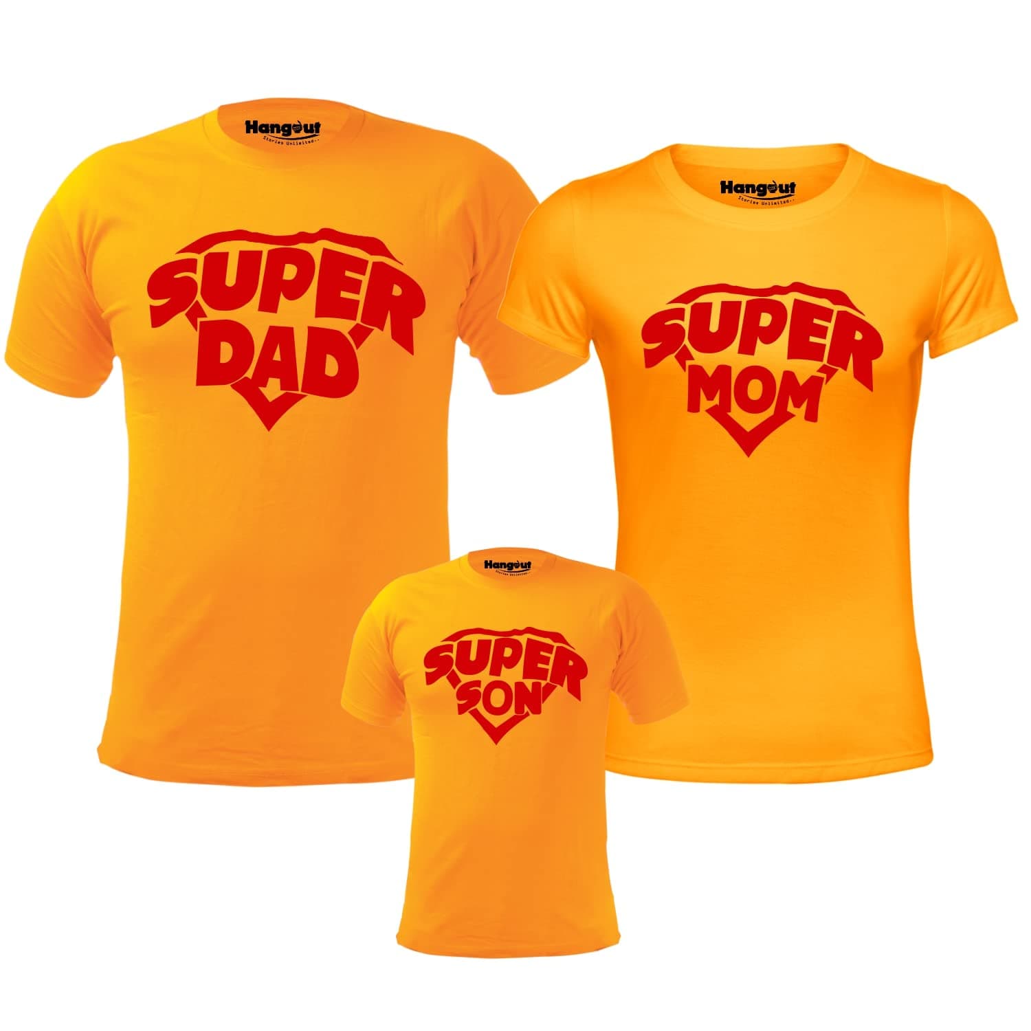 Hangout Hub HH66 Family-Dad Mom Son- Men's, Women's & Boy's Cotton Printed Regular Fit T-Shirts (Pack of 3) - Super Dad Mom Son - Yellow Color