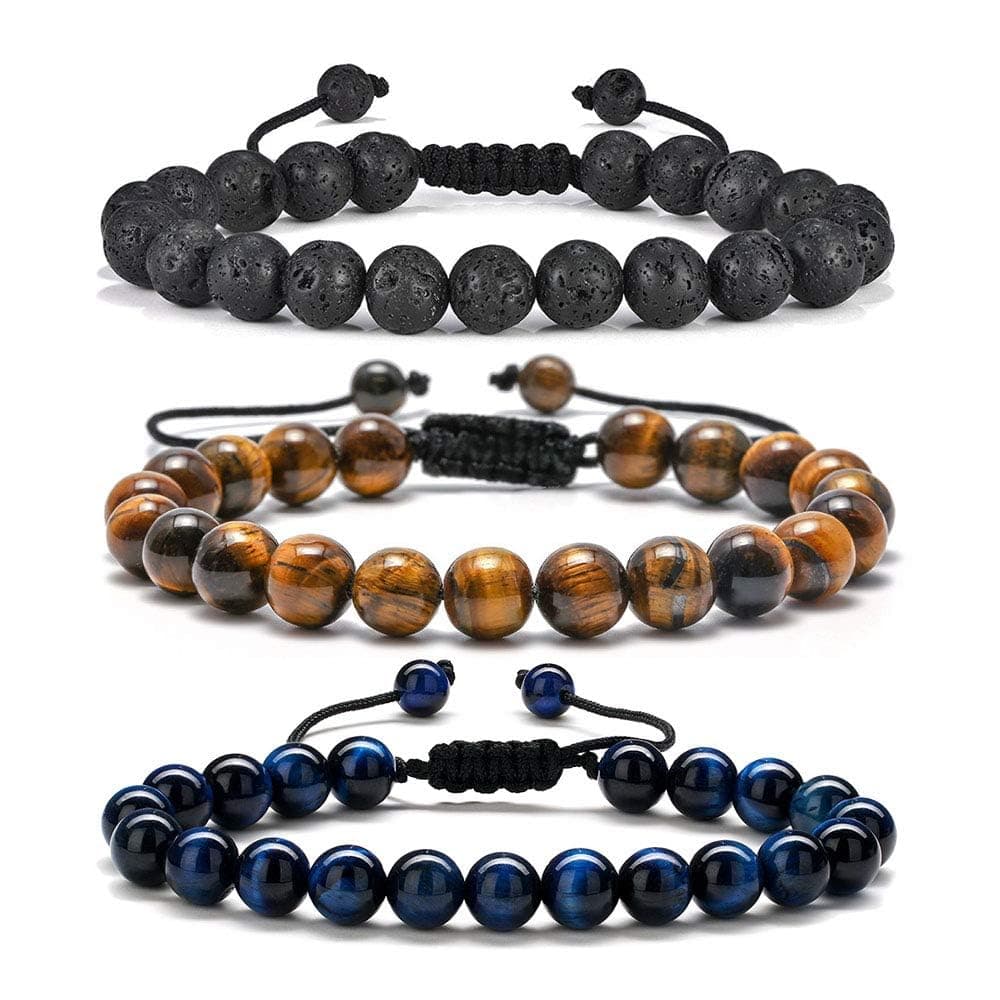 Bracelets for Men Christmas Gifts - 8mm Natural Tiger Eye | Matte Agate | Lava Rock Bracelets Set for Men, Birthday Christmas Gifts for Dad Grandpa Boyfriend Husband Son Brother