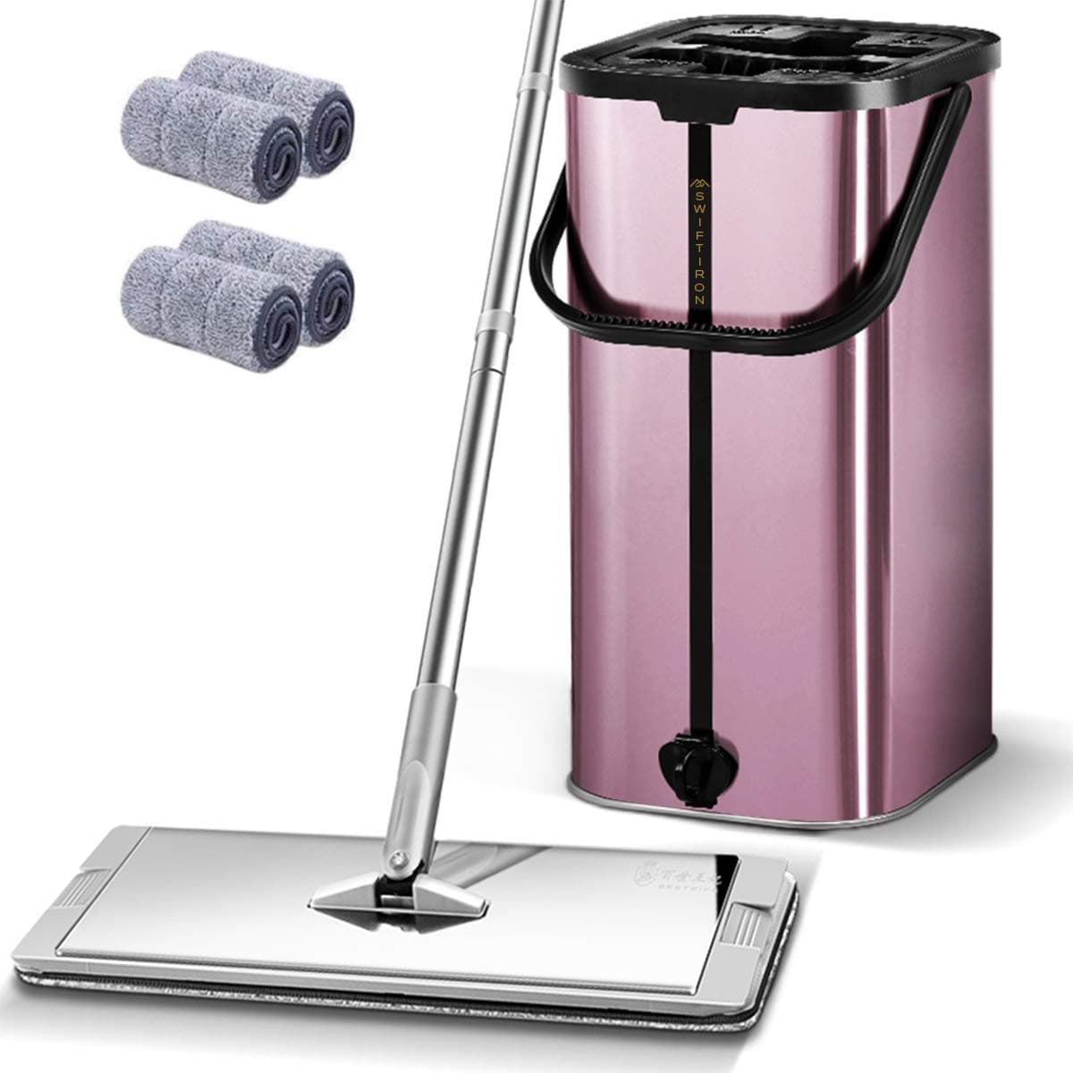 Purple Mop and Bucket Set Squeeze Flat Floor, Stainless Steel Handle Adjustable, 4 Washable Reusable Microfiber Mop Pads, Professional Commercial Floor Cleaner Bucket Mops for Floor Cleaning