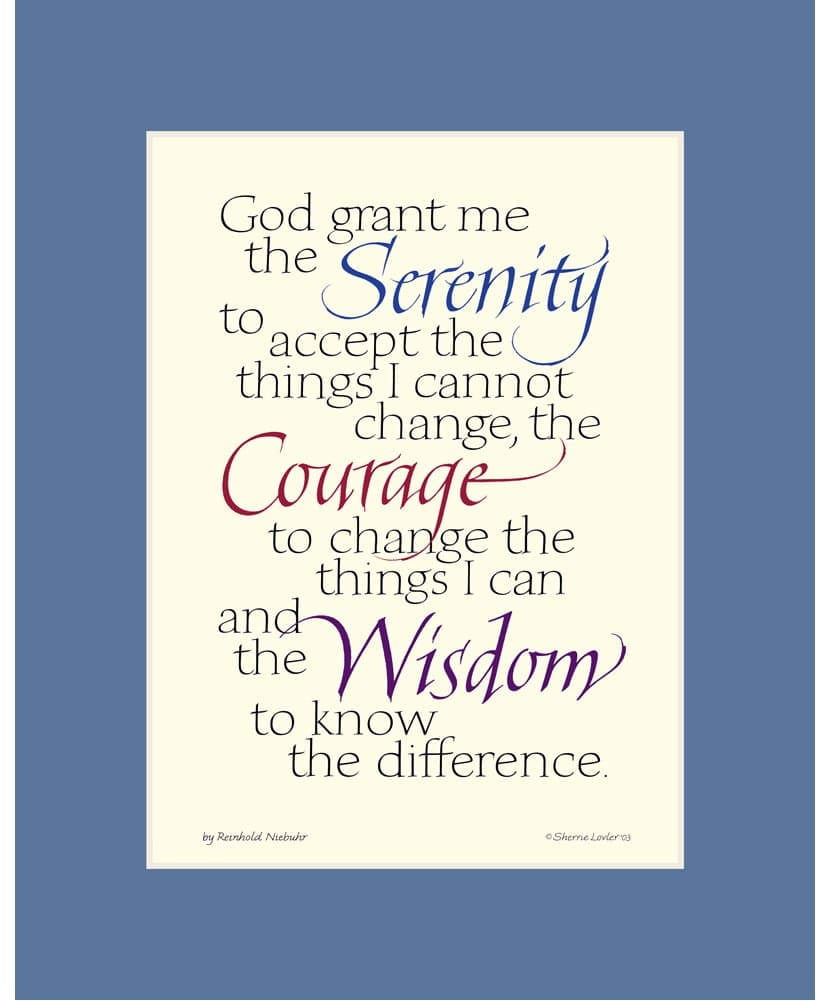 Ink Monkey Press Serenity Prayer - Calligraphy Print 8x10 inches - Blue Mat