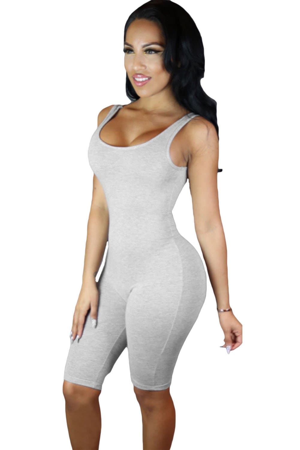 New Ladies Grey Tight Fitting Knee Length Romper Playsuit Catsuit Club Wear Gym Wear Festival Summer Party Wear Size M UK 10-12 EU 38-40