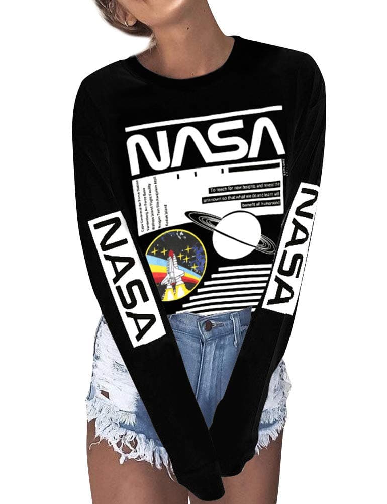 EzcosplayCrew Neck Long Sleeve NASA T-Shirt Letter Printed Shirt Graphic Tee Tops for Women
