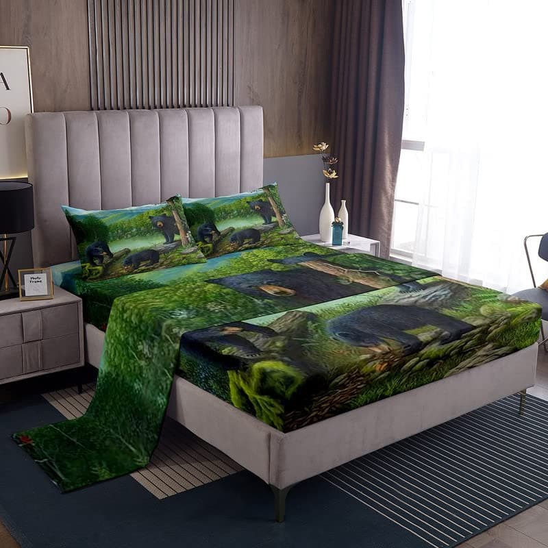 Bear Sheet Set Kids Forest Bear Sheets with Deep Pocket Fitted Sheet for Boys Teens Botanical Tree Bed Sheets Set Breathable Farmhouse Animal Green Black Bedding Set King Size
